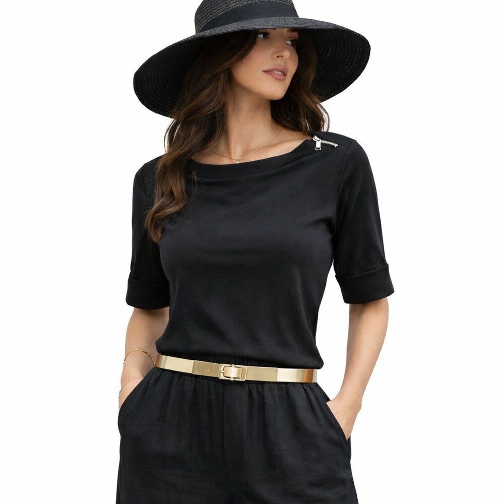 Segments elevated basic jersey tee, 100% cotton, shoulder gold zipper